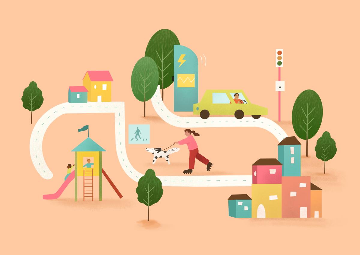 illustratie van figuren in een stratenplan