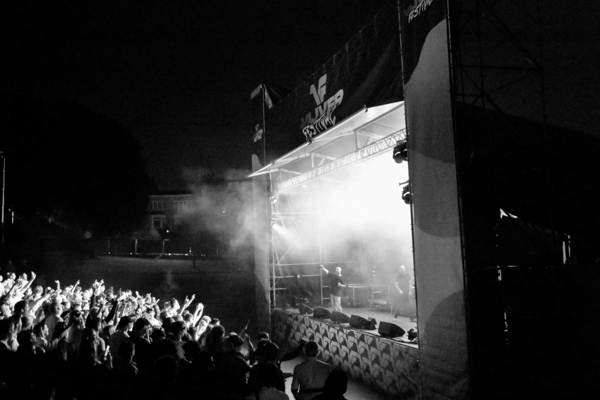 zwartwit foto van vijverfestival