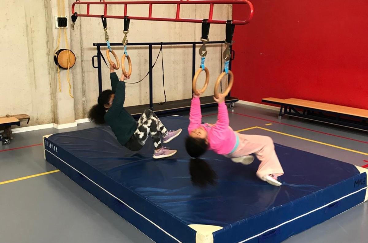twee meisjes aan ringen op een turnmat