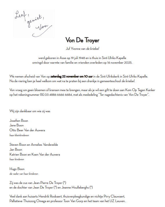 rouwbrief Von De Troyer