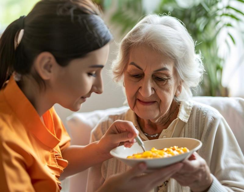 jongedame helpt oudere dame bij eten