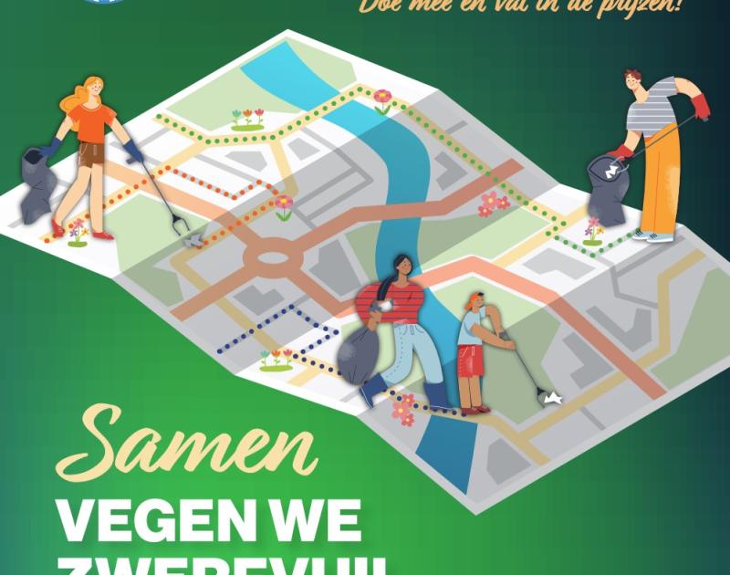 illustratie van personen die zwerfvuil ruimen op een landkaart