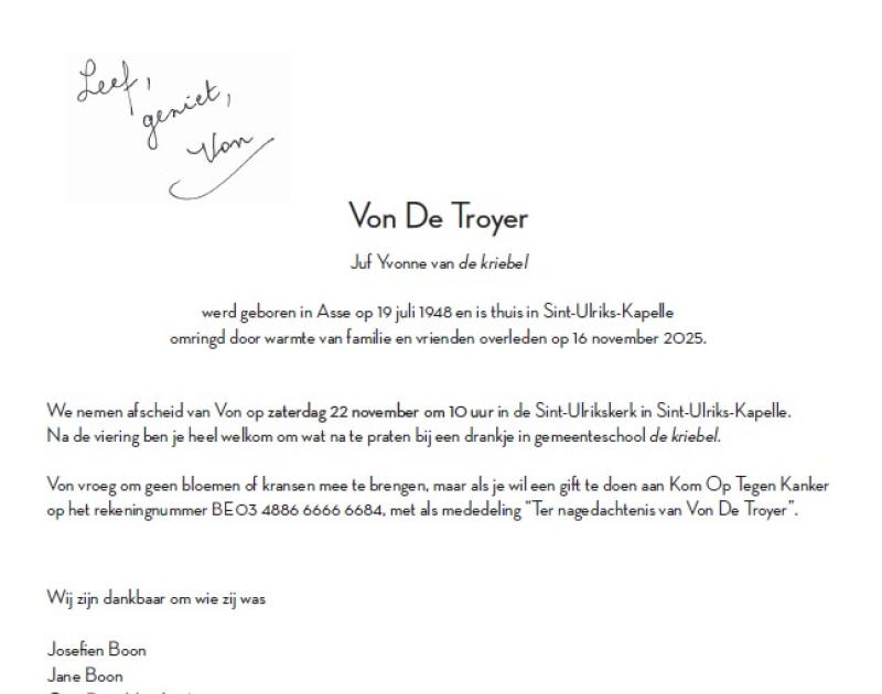 rouwbrief Von De Troyer