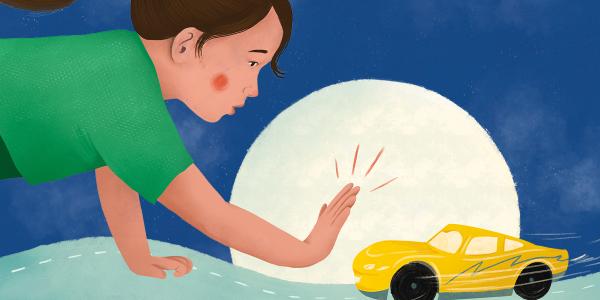illustratie van meisje die speelgoedauto tegenhoudt